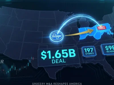 US map showing Kroger acquisition of Giant Eagle with deal value, store count, and revenue data panels highlighting Ohio, Pennsylvania, West Virginia, Maryland, and Indiana