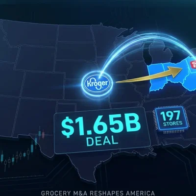 US map showing Kroger acquisition of Giant Eagle with deal value, store count, and revenue data panels highlighting Ohio, Pennsylvania, West Virginia, Maryland, and Indiana