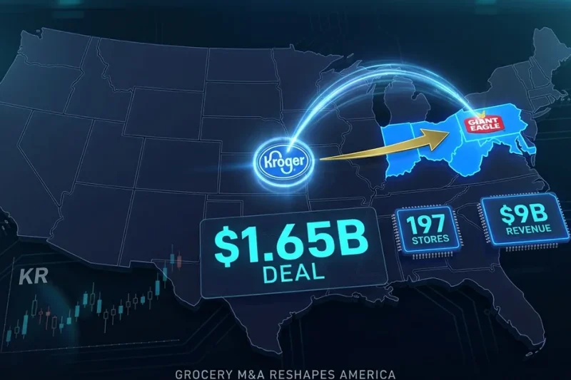 US map showing Kroger acquisition of Giant Eagle with deal value, store count, and revenue data panels highlighting Ohio, Pennsylvania, West Virginia, Maryland, and Indiana