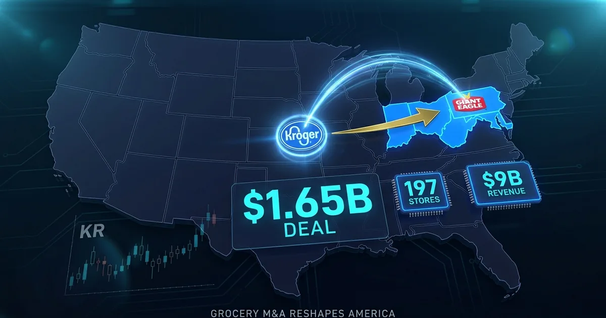 US map showing Kroger acquisition of Giant Eagle with deal value, store count, and revenue data panels highlighting Ohio, Pennsylvania, West Virginia, Maryland, and Indiana