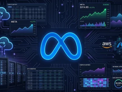 Meta logo centered on dark dashboard with AWS Azure Google Cloud logos server racks and compute metrics