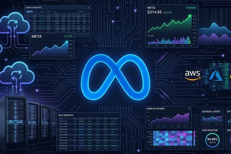 Meta logo centered on dark dashboard with AWS Azure Google Cloud logos server racks and compute metrics