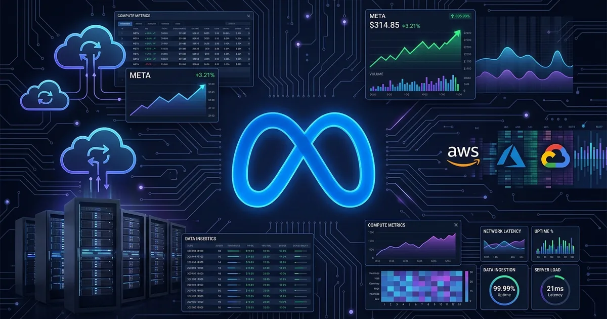 Meta logo centered on dark dashboard with AWS Azure Google Cloud logos server racks and compute metrics