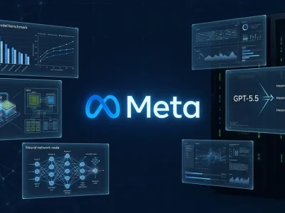 Meta logo centered on a dark navy dashboard with AI benchmark charts, GPU cluster visualizations, and GPT-5.5 comparison panel