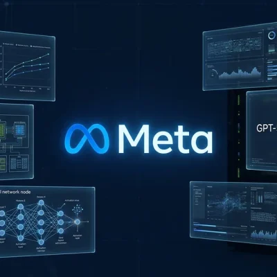 Meta logo centered on a dark navy dashboard with AI benchmark charts, GPU cluster visualizations, and GPT-5.5 comparison panel