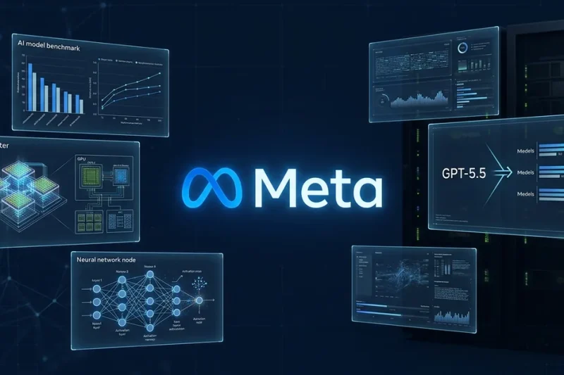 Meta logo centered on a dark navy dashboard with AI benchmark charts, GPU cluster visualizations, and GPT-5.5 comparison panel