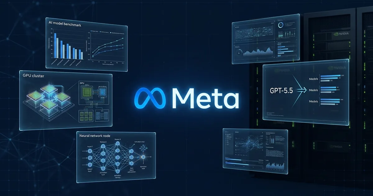 Meta logo centered on a dark navy dashboard with AI benchmark charts, GPU cluster visualizations, and GPT-5.5 comparison panel
