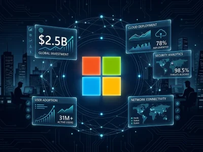 Microsoft logo centered on a dark navy dashboard with .5 billion investment panels, enterprise deployment metrics, and engineer silhouettes