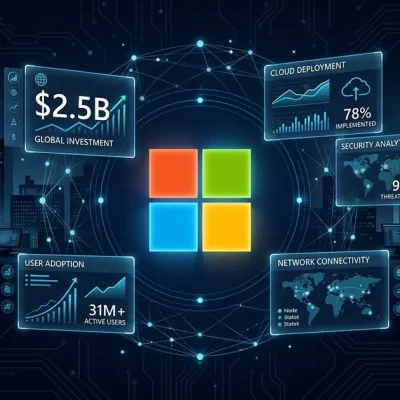 Microsoft logo centered on a dark navy dashboard with .5 billion investment panels, enterprise deployment metrics, and engineer silhouettes