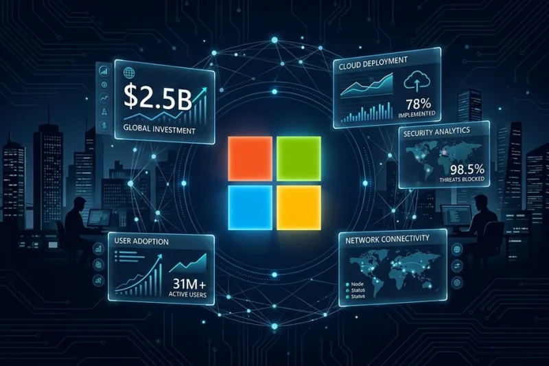 Microsoft logo centered on a dark navy dashboard with .5 billion investment panels, enterprise deployment metrics, and engineer silhouettes