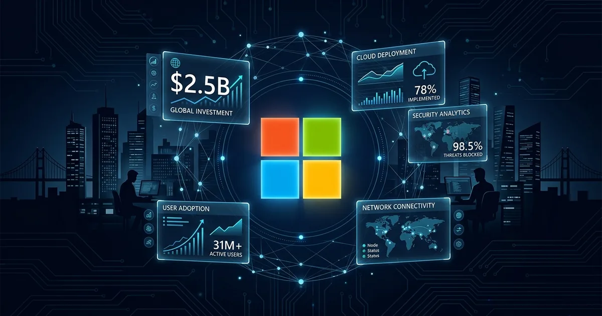 Microsoft logo centered on a dark navy dashboard with .5 billion investment panels, enterprise deployment metrics, and engineer silhouettes