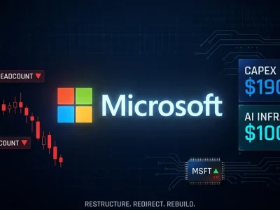 Microsoft logo centered on dark dashboard with headcount declining chart in red and capex 90B and AI infrastructure 00B+ data panels in green and cyan
