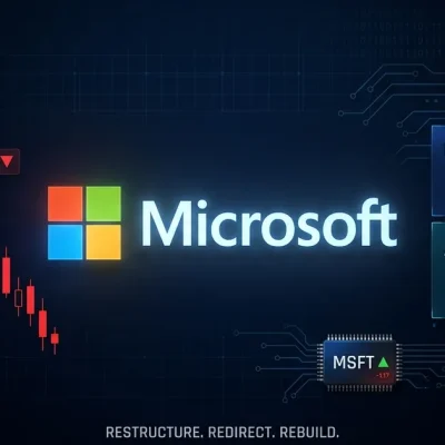 Microsoft logo centered on dark dashboard with headcount declining chart in red and capex 90B and AI infrastructure 00B+ data panels in green and cyan