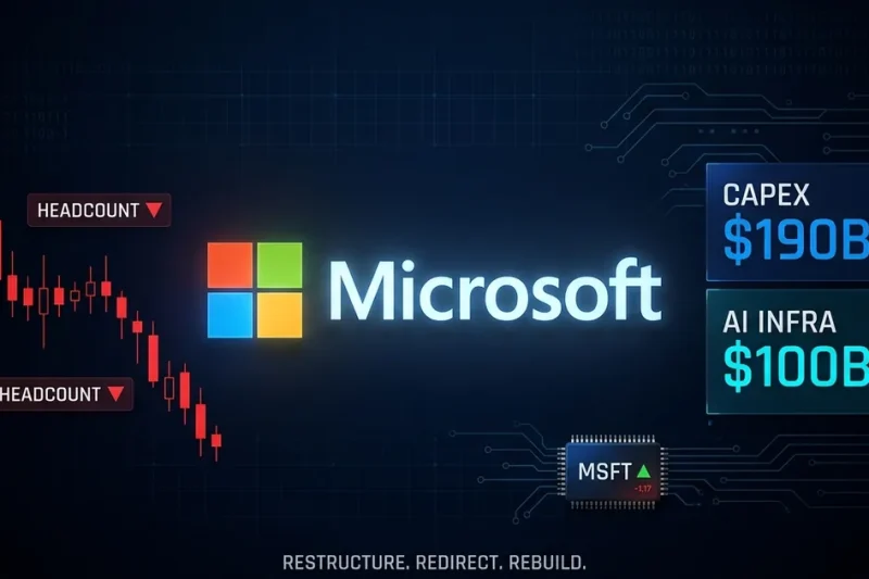 Microsoft logo centered on dark dashboard with headcount declining chart in red and capex 90B and AI infrastructure 00B+ data panels in green and cyan