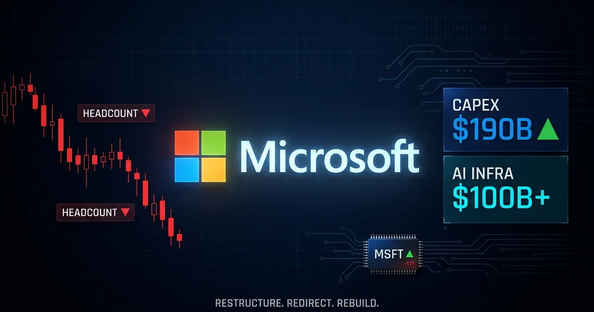 Microsoft logo centered on dark dashboard with headcount declining chart in red and capex 90B and AI infrastructure 00B+ data panels in green and cyan