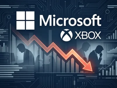 Microsoft and Xbox logos with downward trending arrow representing layoffs and studio closures