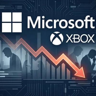 Microsoft and Xbox logos with downward trending arrow representing layoffs and studio closures