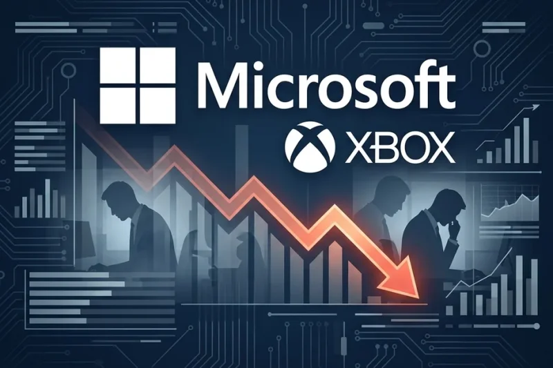 Microsoft and Xbox logos with downward trending arrow representing layoffs and studio closures