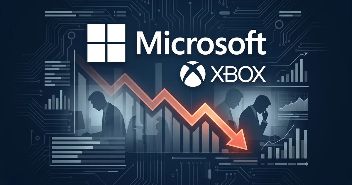Microsoft and Xbox logos with downward trending arrow representing layoffs and studio closures