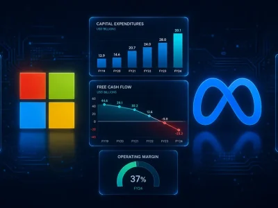Microsoft and Meta logos on a dark navy background beside data panels showing a rising capital expenditure bar chart and a free cash flow line crossing below zero