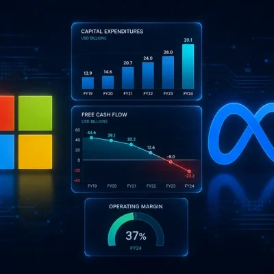 Microsoft and Meta logos on a dark navy background beside data panels showing a rising capital expenditure bar chart and a free cash flow line crossing below zero