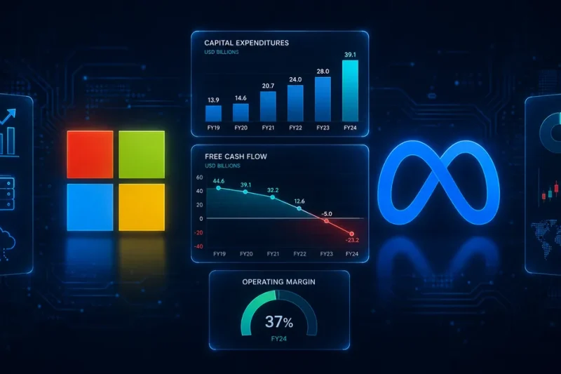 Microsoft and Meta logos on a dark navy background beside data panels showing a rising capital expenditure bar chart and a free cash flow line crossing below zero