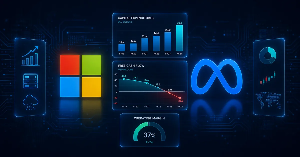 Microsoft and Meta logos on a dark navy background beside data panels showing a rising capital expenditure bar chart and a free cash flow line crossing below zero