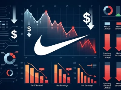 Nike swoosh logo with declining financial charts showing earnings beat driven by tariff refund