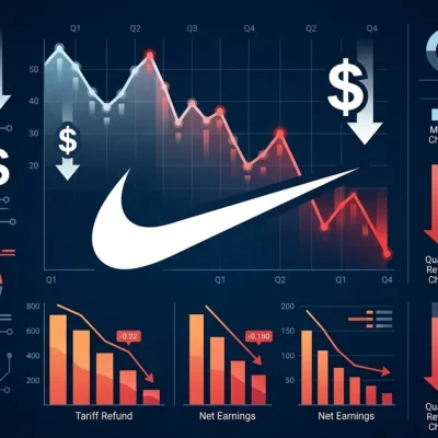 Nike swoosh logo with declining financial charts showing earnings beat driven by tariff refund