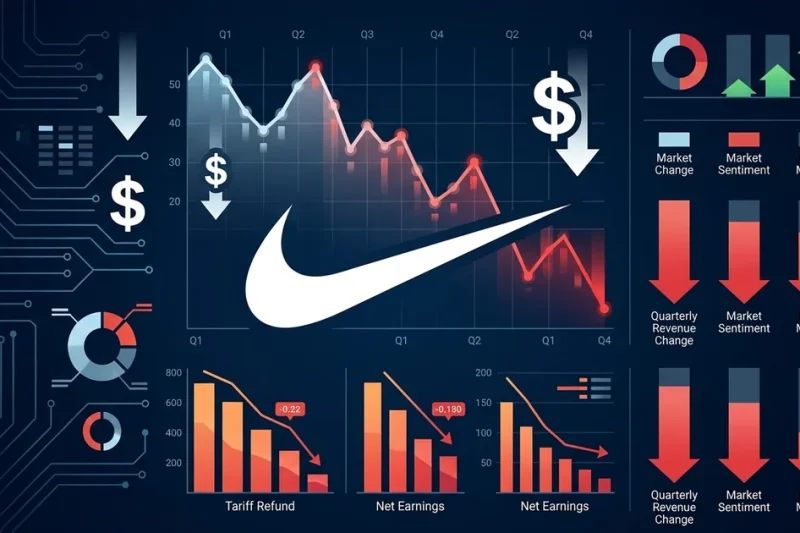 Nike swoosh logo with declining financial charts showing earnings beat driven by tariff refund