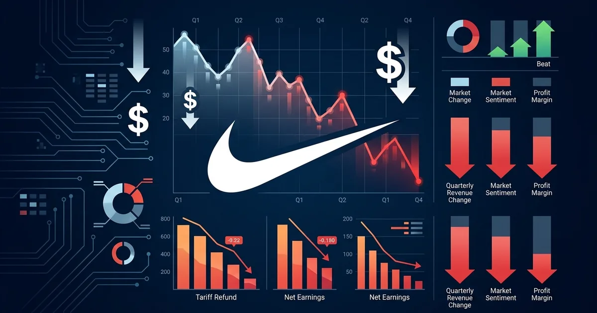 Nike swoosh logo with declining financial charts showing earnings beat driven by tariff refund