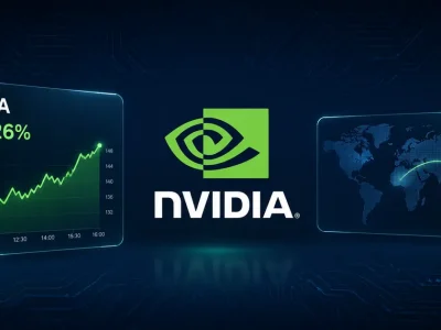 Financial dashboard showing the Nvidia logo, an NVDA panel up 3.26 percent, and a world map with a transit arc from Southeast Asia to East Asia