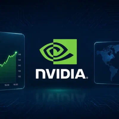 Financial dashboard showing the Nvidia logo, an NVDA panel up 3.26 percent, and a world map with a transit arc from Southeast Asia to East Asia