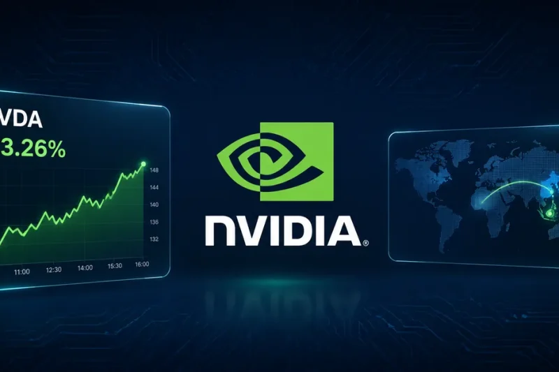 Financial dashboard showing the Nvidia logo, an NVDA panel up 3.26 percent, and a world map with a transit arc from Southeast Asia to East Asia