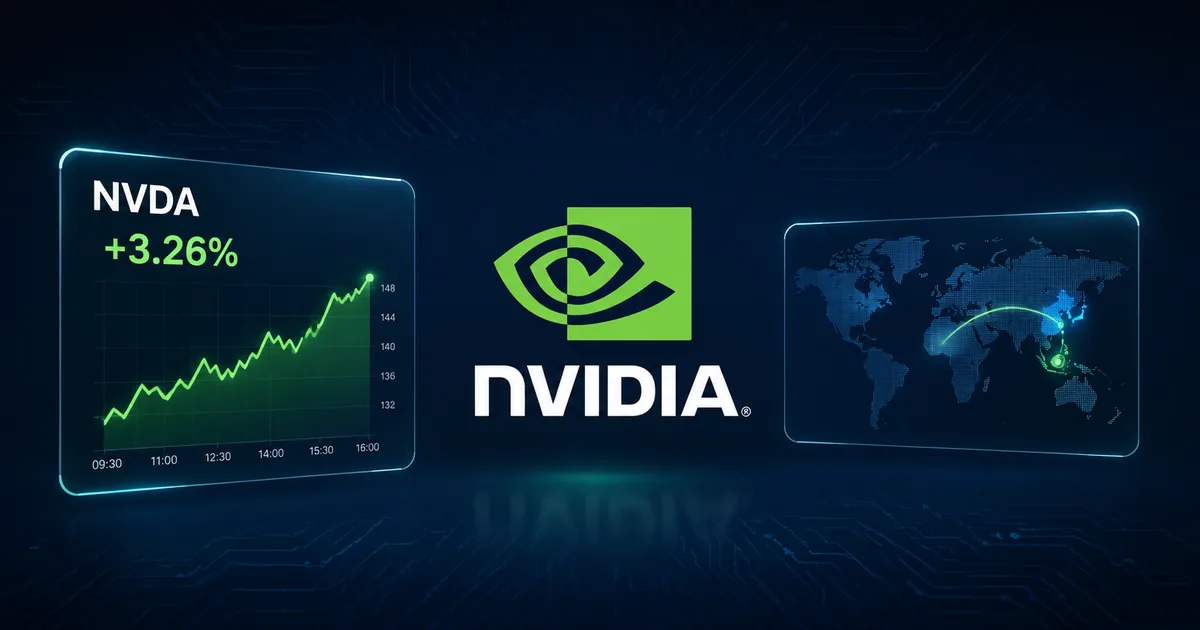 Financial dashboard showing the Nvidia logo, an NVDA panel up 3.26 percent, and a world map with a transit arc from Southeast Asia to East Asia