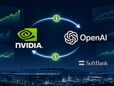 Nvidia and OpenAI logos connected by a two-way loop of dollar signs above a night-time data center campus and power pylons, with a SoftBank wordmark