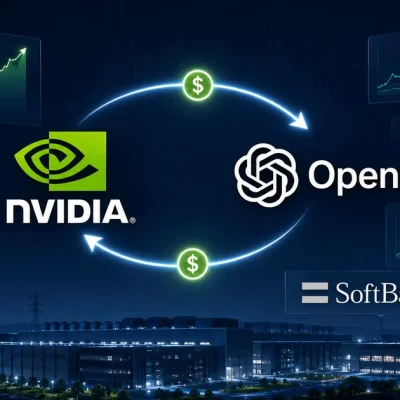 Nvidia and OpenAI logos connected by a two-way loop of dollar signs above a night-time data center campus and power pylons, with a SoftBank wordmark