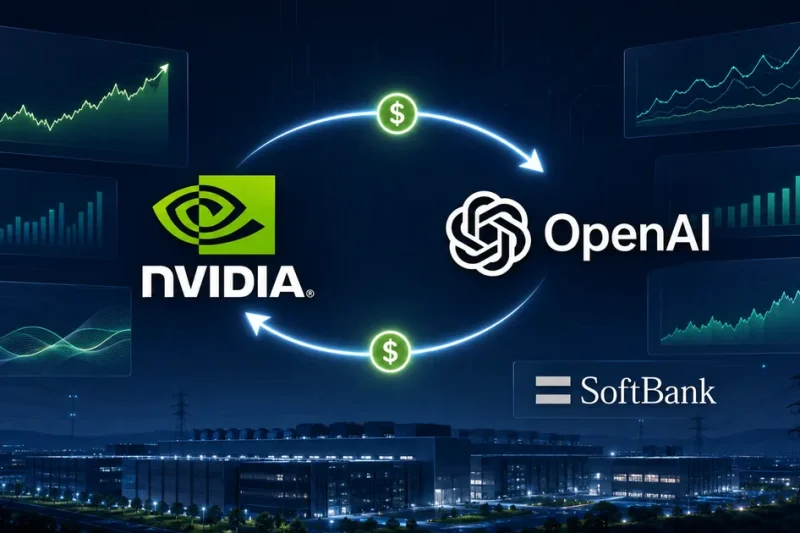 Nvidia and OpenAI logos connected by a two-way loop of dollar signs above a night-time data center campus and power pylons, with a SoftBank wordmark