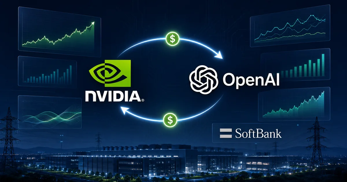 Nvidia and OpenAI logos connected by a two-way loop of dollar signs above a night-time data center campus and power pylons, with a SoftBank wordmark