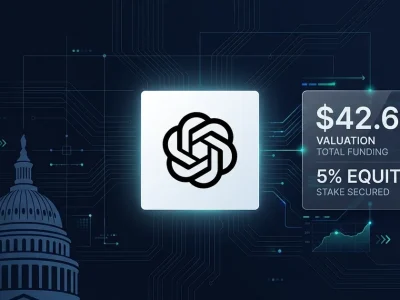 OpenAI logo with US Capitol dome and data panel showing 42.6 billion dollar equity stake proposal