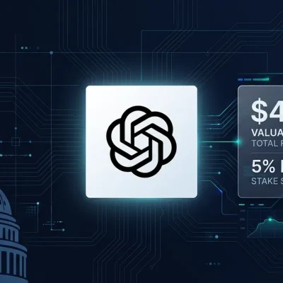 OpenAI logo with US Capitol dome and data panel showing 42.6 billion dollar equity stake proposal