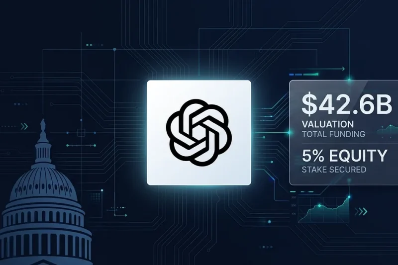 OpenAI logo with US Capitol dome and data panel showing 42.6 billion dollar equity stake proposal