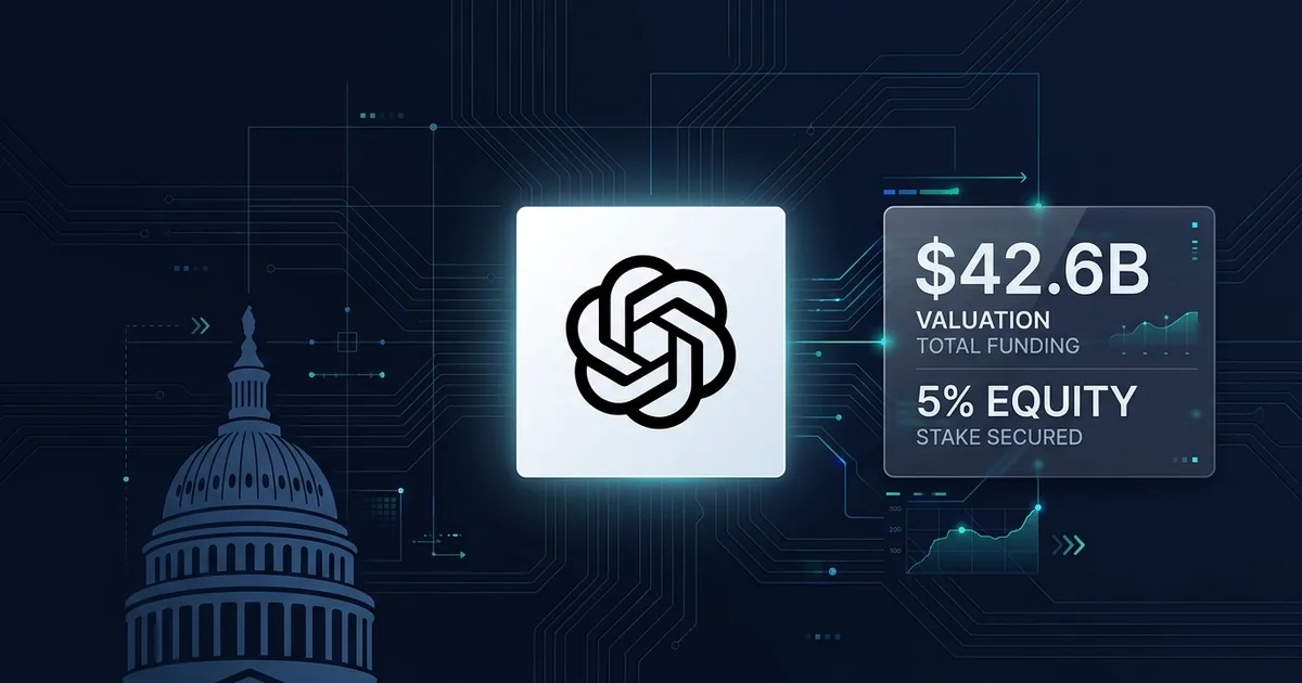 OpenAI logo with US Capitol dome and data panel showing 42.6 billion dollar equity stake proposal