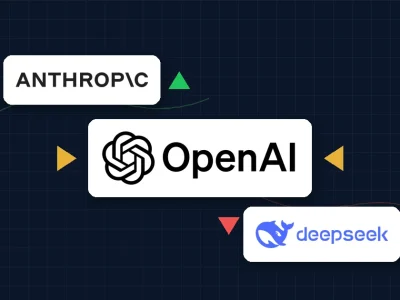 The OpenAI logo on a white panel in the center of a dark navy dashboard, with amber arrows pressing inward from both sides, the Anthropic logo above beside a green up arrow and the DeepSeek logo below beside a red down arrow