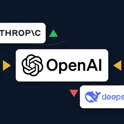 The OpenAI logo on a white panel in the center of a dark navy dashboard, with amber arrows pressing inward from both sides, the Anthropic logo above beside a green up arrow and the DeepSeek logo below beside a red down arrow