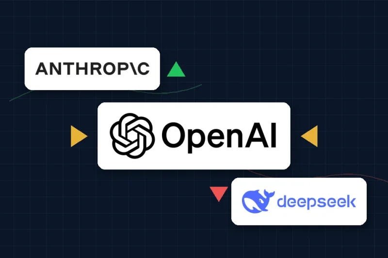 The OpenAI logo on a white panel in the center of a dark navy dashboard, with amber arrows pressing inward from both sides, the Anthropic logo above beside a green up arrow and the DeepSeek logo below beside a red down arrow
