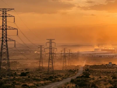 High-voltage transmission towers and power lines under a hazy orange heat-wave sky with a data center campus glowing in the distance