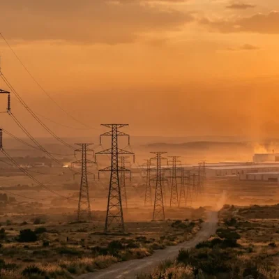 High-voltage transmission towers and power lines under a hazy orange heat-wave sky with a data center campus glowing in the distance