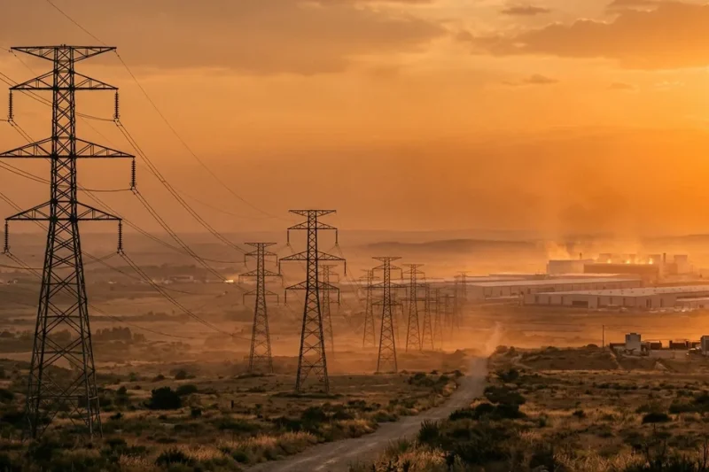 High-voltage transmission towers and power lines under a hazy orange heat-wave sky with a data center campus glowing in the distance