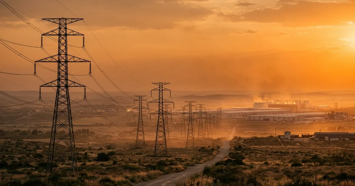 High-voltage transmission towers and power lines under a hazy orange heat-wave sky with a data center campus glowing in the distance